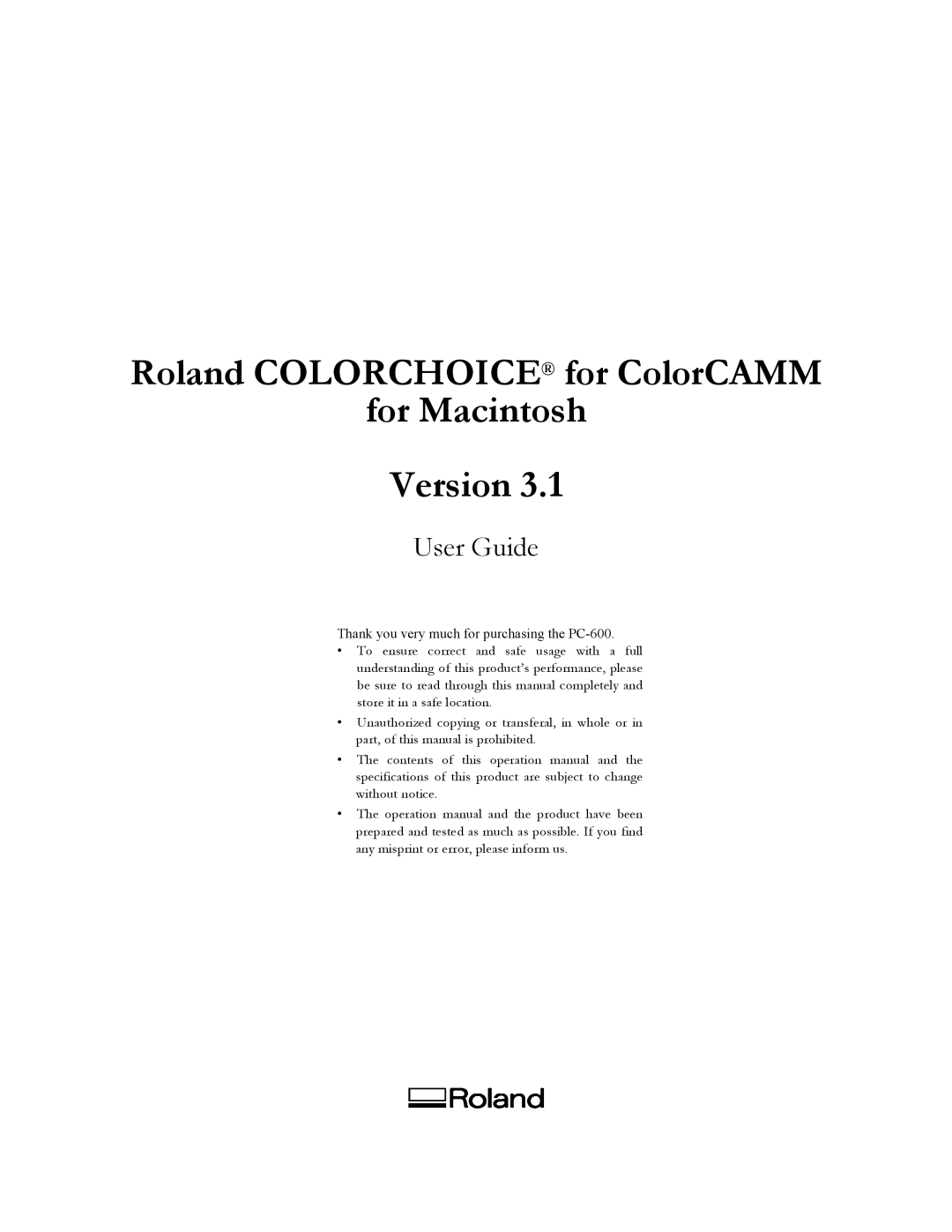 Roland PC-600 operation manual Roland Colorchoice for ColorCAMM For Macintosh Version 