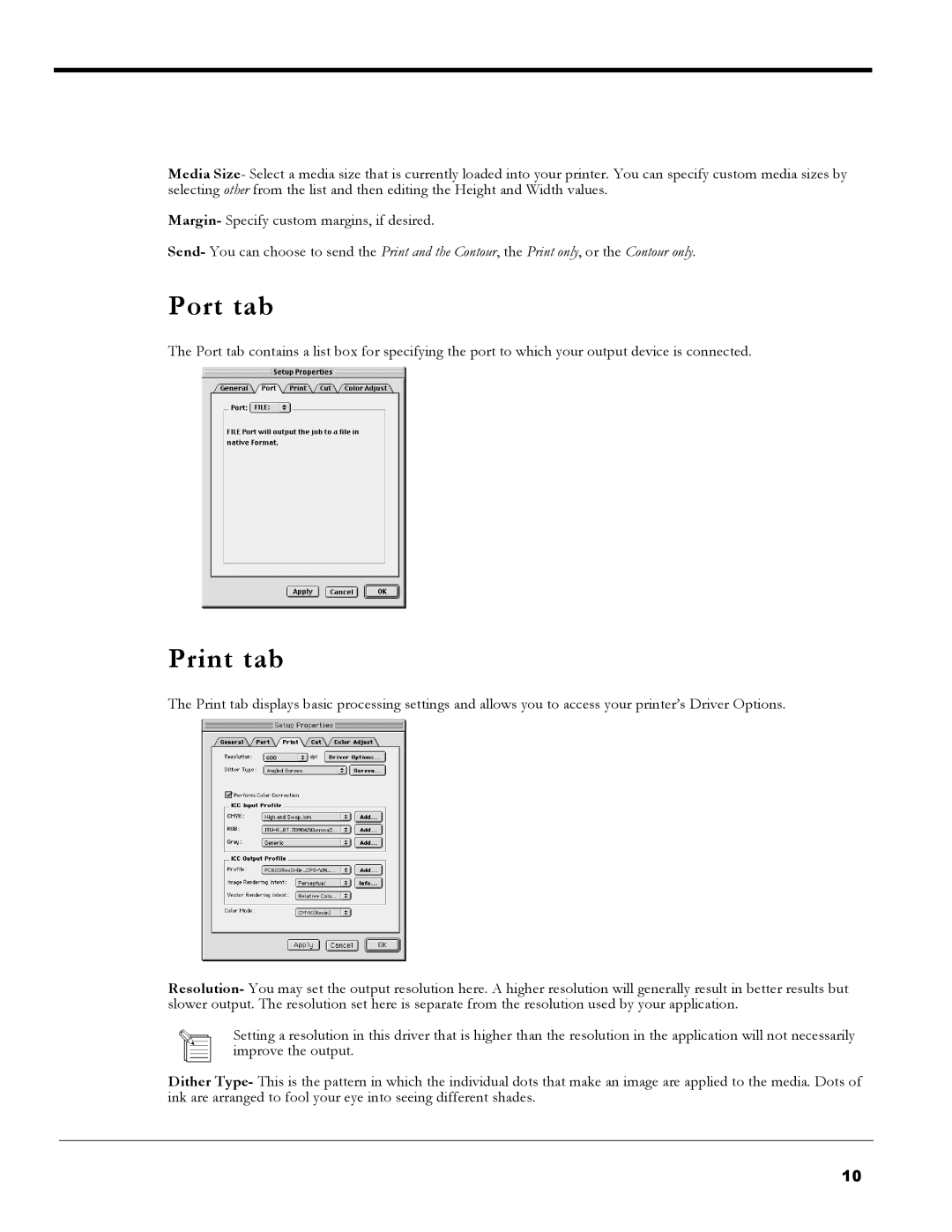 Roland PC-600 operation manual Port tab, Print tab 