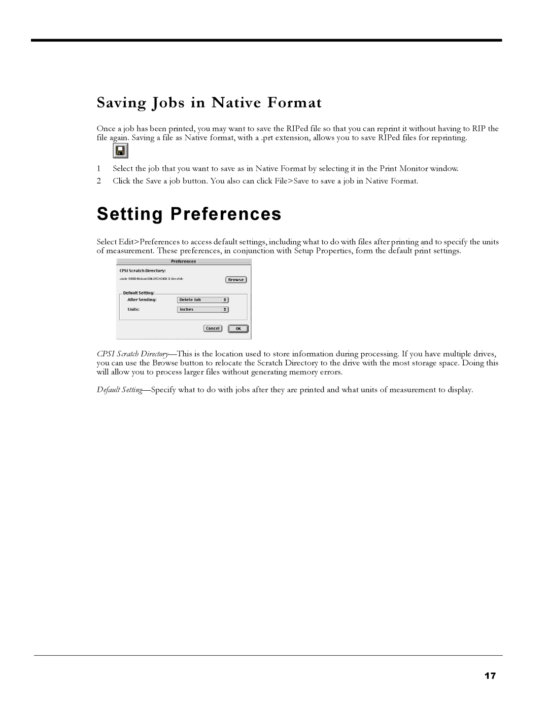 Roland PC-600 operation manual Setting Preferences, Saving Jobs in Native Format 