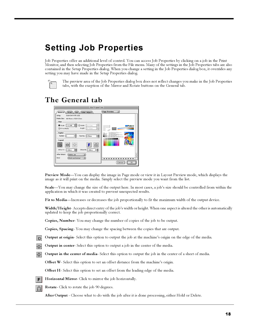 Roland PC-600 operation manual Setting Job Properties, General tab 