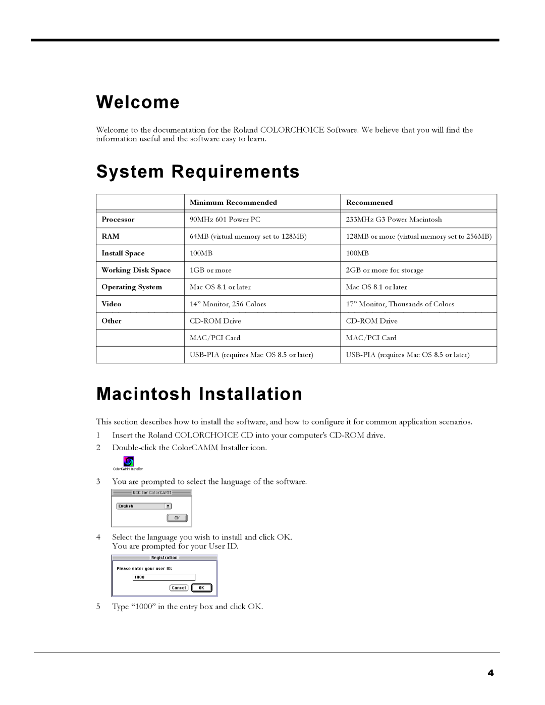 Roland PC-600 operation manual Welcome, System Requirements, Macintosh Installation 