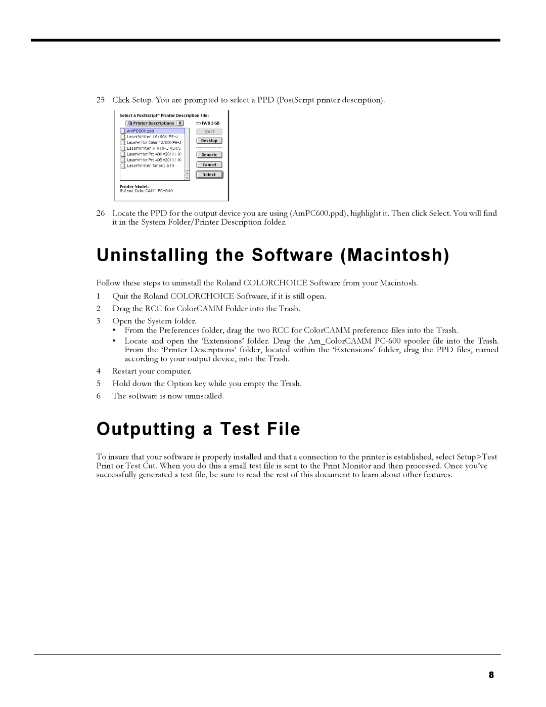 Roland PC-600 operation manual Uninstalling the Software Macintosh, Outputting a Test File 