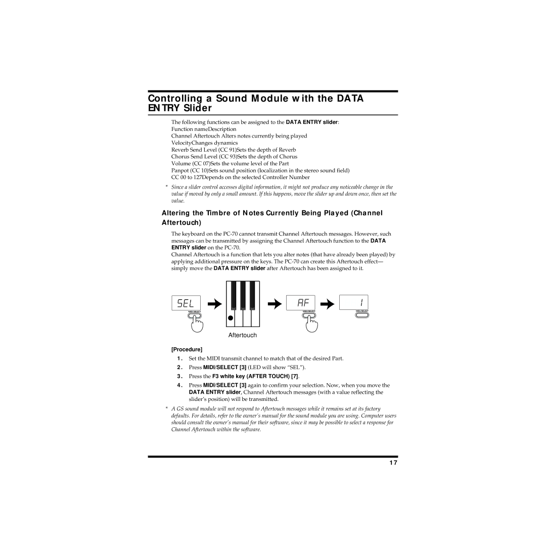 Roland PC-70 Controlling a Sound Module with the Data Entry Slider, Aftertouch, Press the F3 white key After Touch 