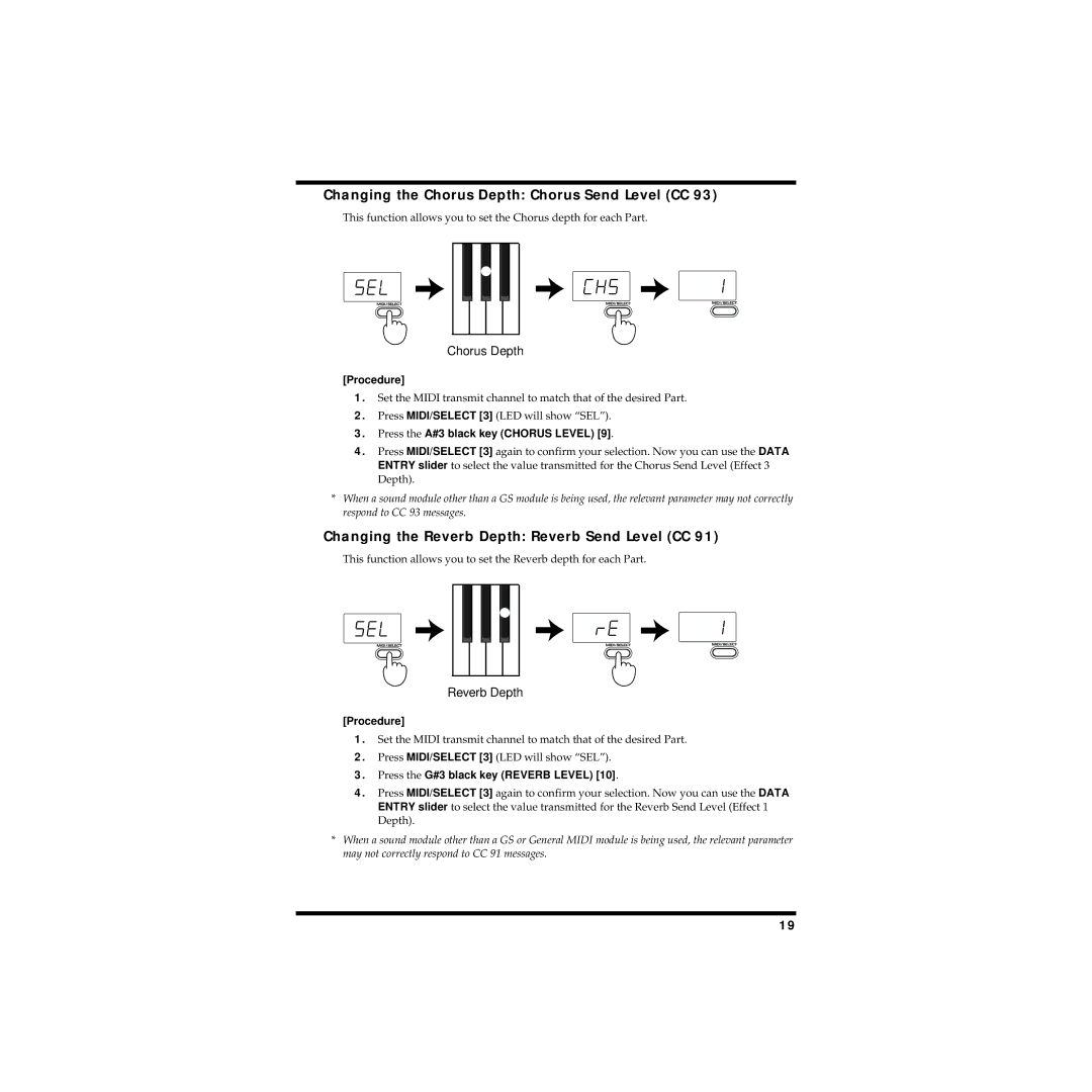 Roland PC-70 owner manual Changing the Chorus Depth Chorus Send Level CC, Changing the Reverb Depth Reverb Send Level CC 