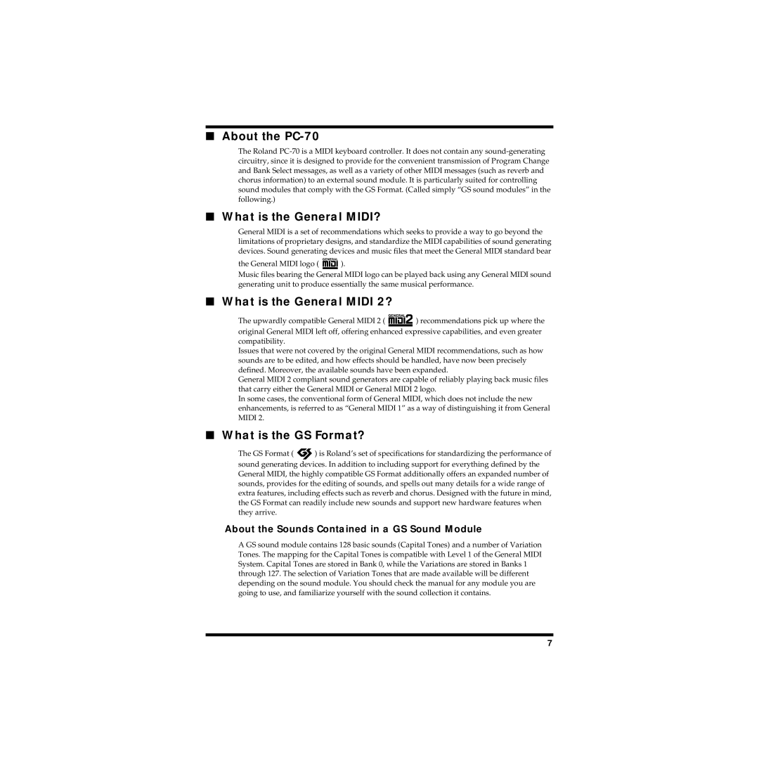 Roland owner manual About the PC-70, About the Sounds Contained in a GS Sound Module 