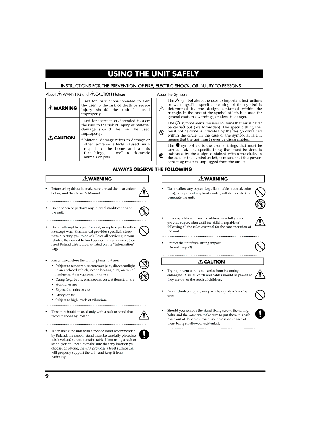 Roland PD-125/PD-105 owner manual Do not open or perform any internal modifications on Unit 