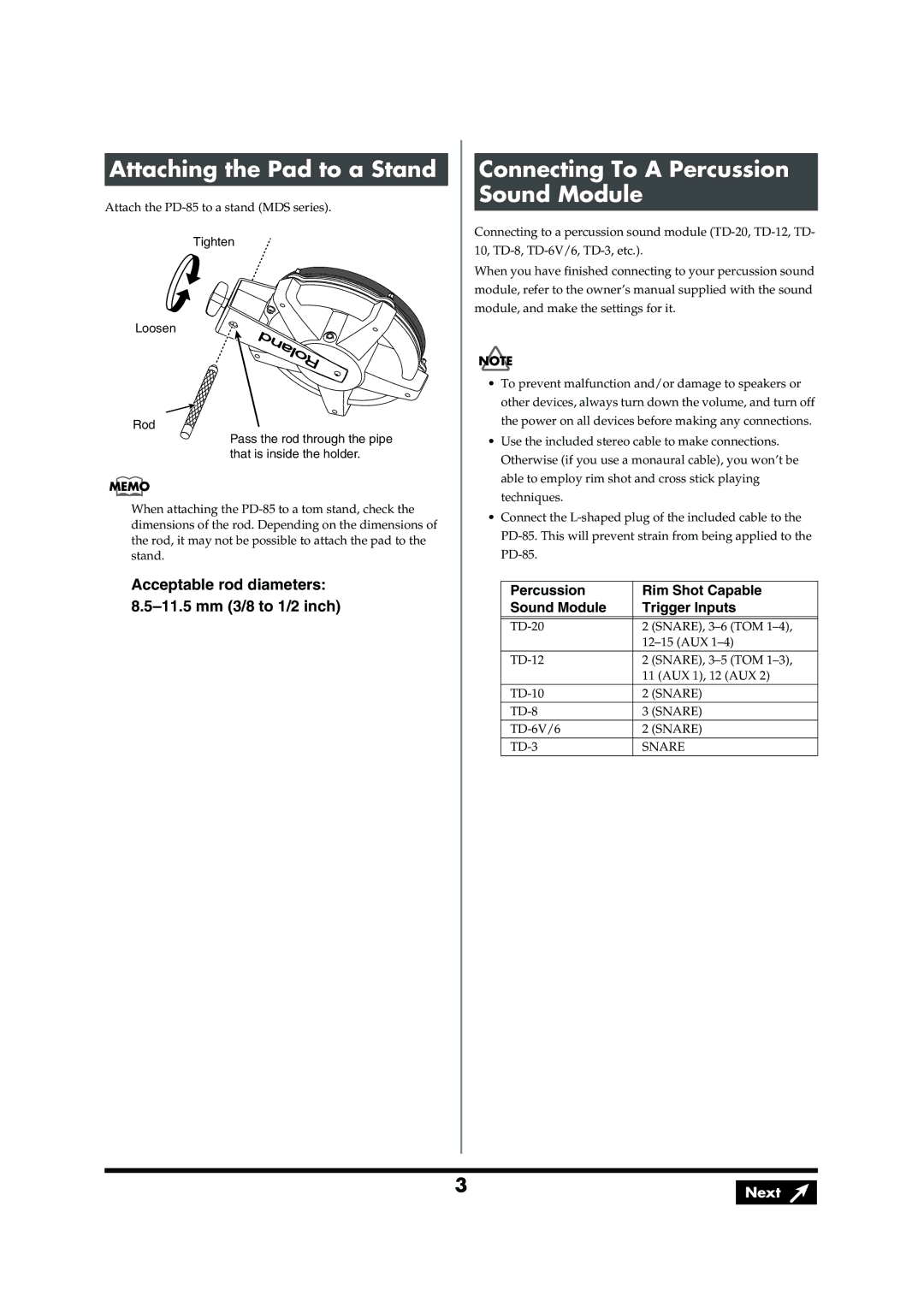 Roland PD-85 owner manual Attaching the Pad to a Stand, Connecting To a Percussion Sound Module 