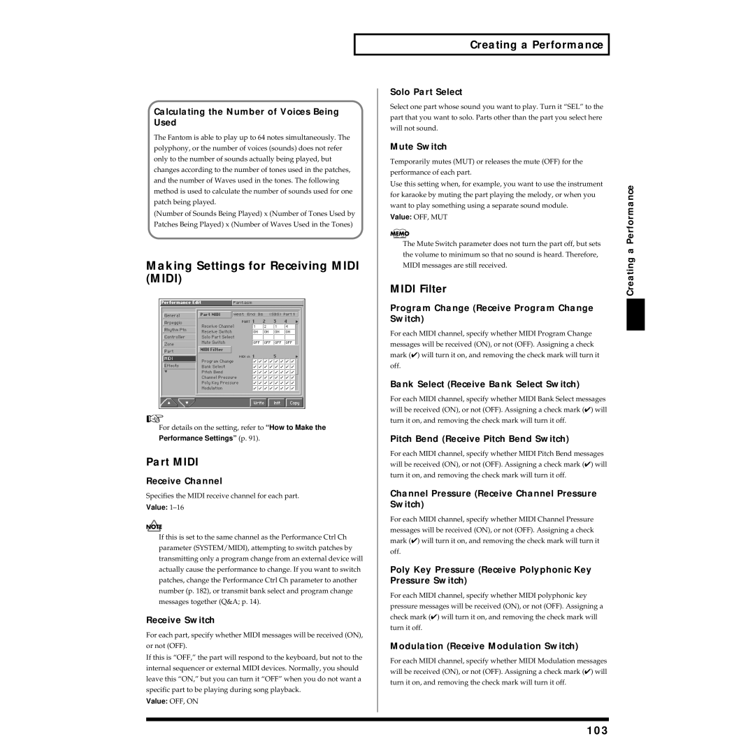 Roland Piano owner manual Making Settings for Receiving Midi Midi, Part Midi, Midi Filter, 103 