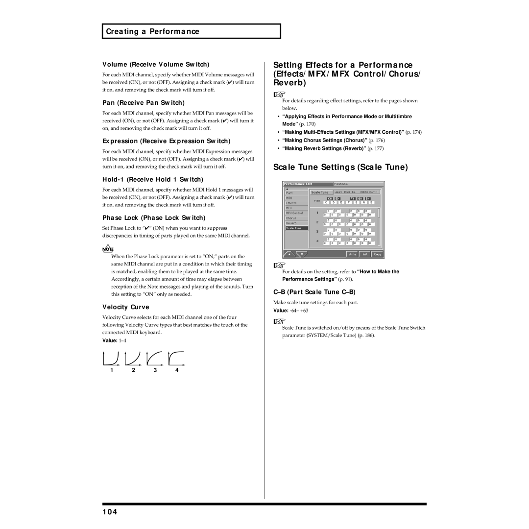 Roland Piano owner manual Scale Tune Settings Scale Tune, 104 