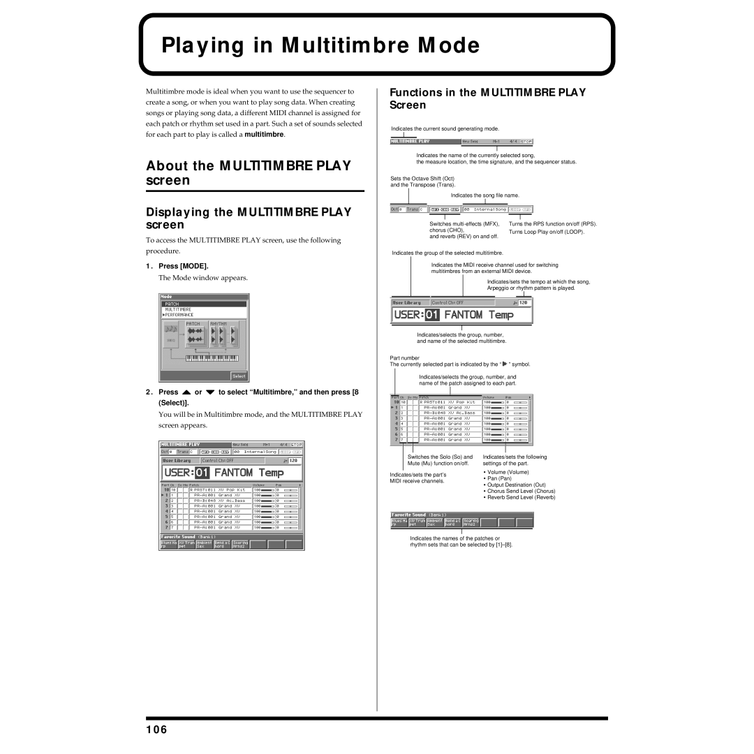 Roland Piano Playing in Multitimbre Mode, About the Multitimbre Play screen, Displaying the Multitimbre Play screen, 106 