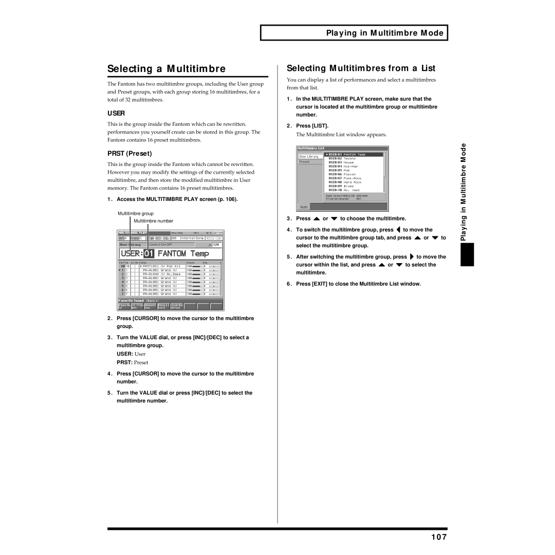 Roland Piano owner manual Selecting a Multitimbre, Selecting Multitimbres from a List, 107, Multitimbre Mode 