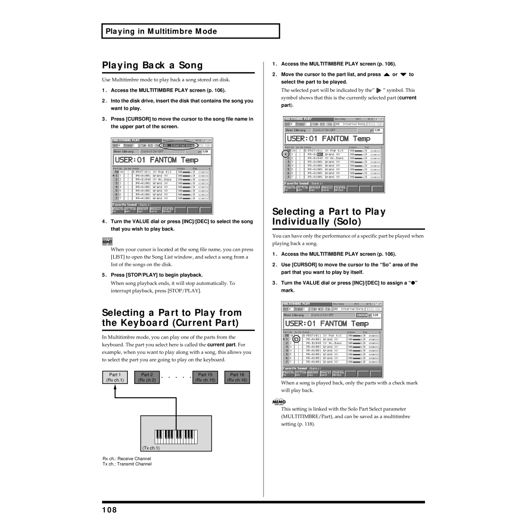 Roland Piano owner manual Playing Back a Song, Selecting a Part to Play from the Keyboard Current Part, 108 