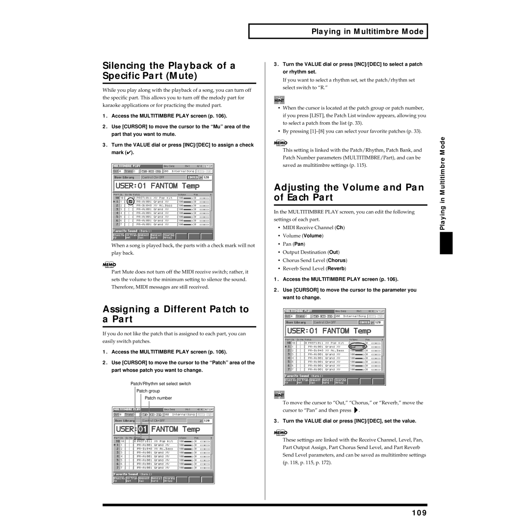 Roland Piano Silencing the Playback of a Specific Part Mute, Assigning a Different Patch to a Part, Each Part, 109 