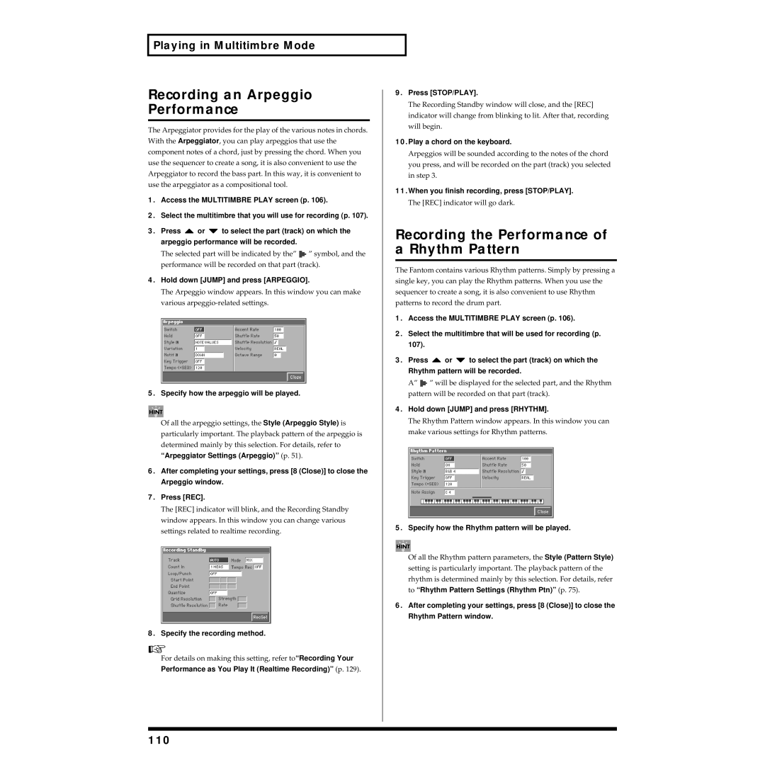 Roland Piano owner manual Recording an Arpeggio Performance, Recording the Performance of a Rhythm Pattern, 110 