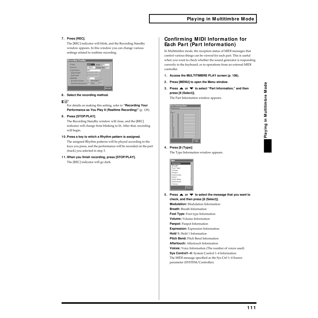 Roland Piano owner manual Confirming Midi Information for Each Part Part Information, 111, Select the recording method 