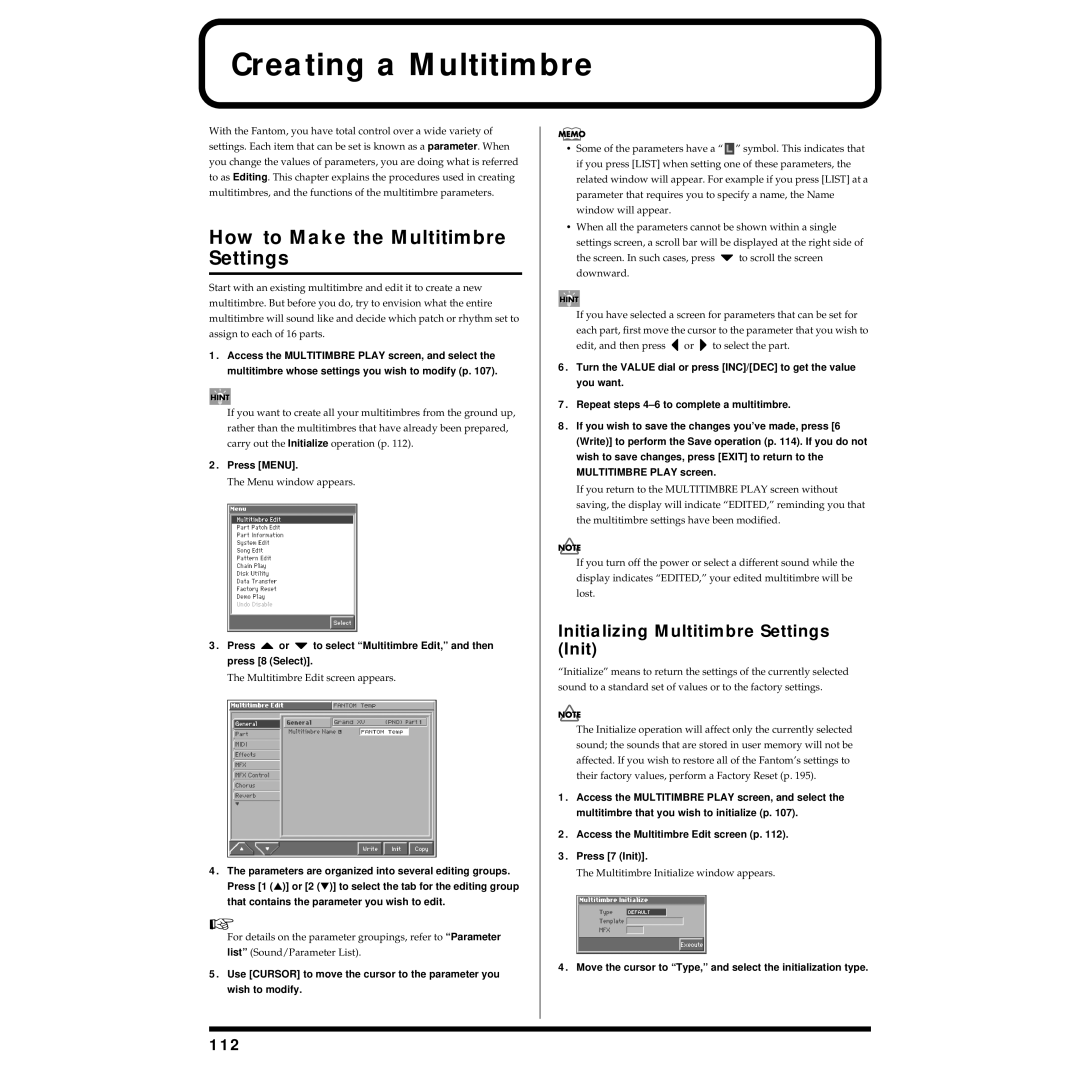 Roland Piano Creating a Multitimbre, How to Make the Multitimbre Settings, Initializing Multitimbre Settings Init, 112 