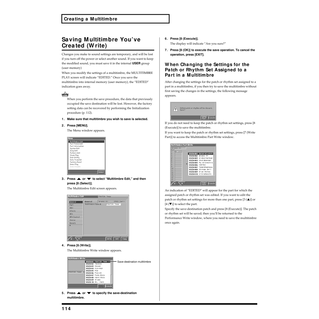 Roland Piano owner manual Saving Multitimbre You’ve Created Write, 114, Multitimbre Write window appears 