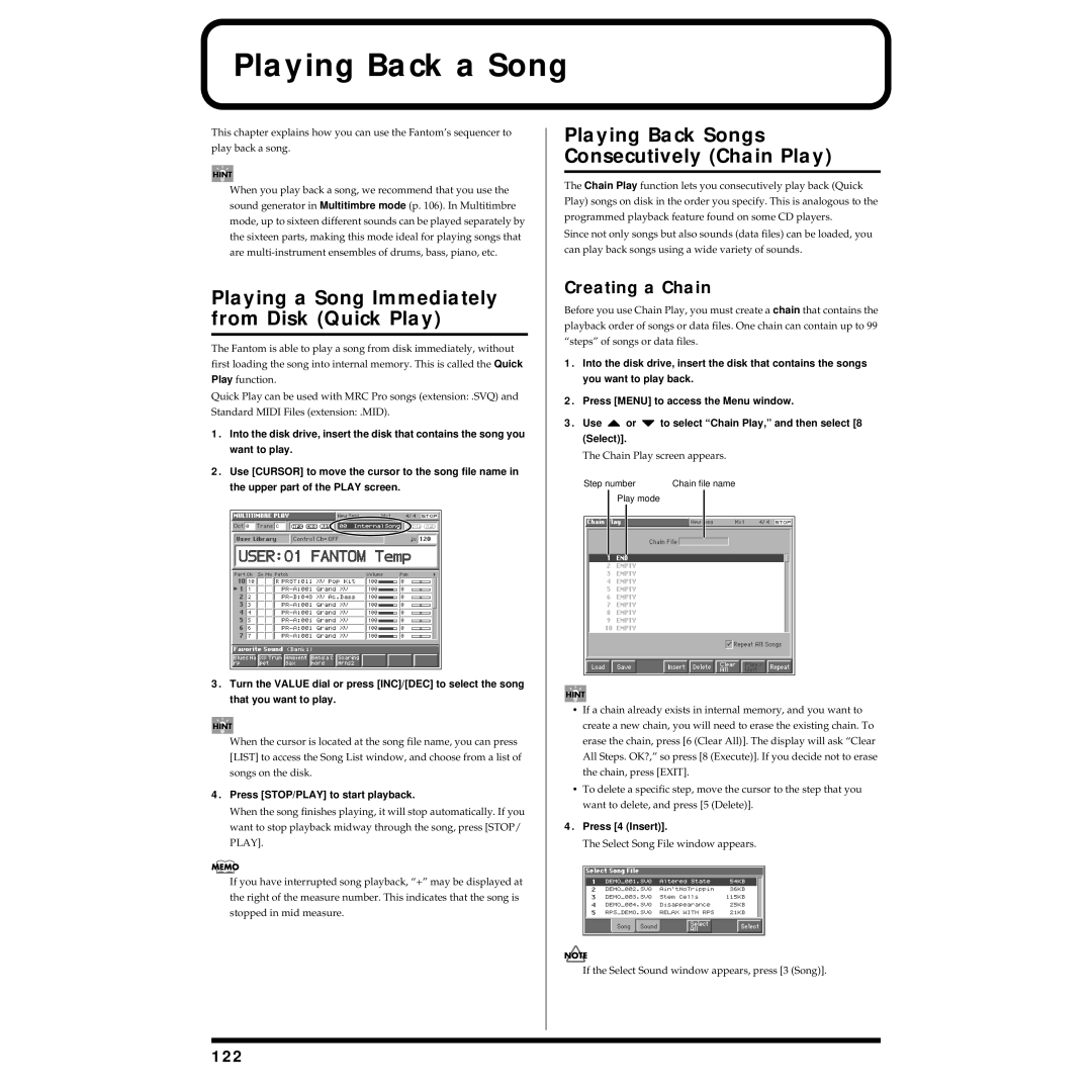 Roland Piano owner manual Playing Back a Song, Playing a Song Immediately from Disk Quick Play, Creating a Chain, 122 