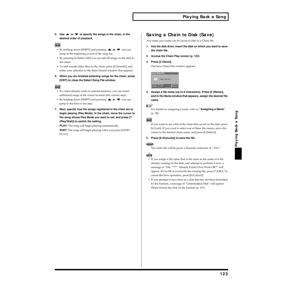 Roland Piano owner manual Saving a Chain to Disk Save, 123, Songa, Back, Press 8 Execute to save the file 