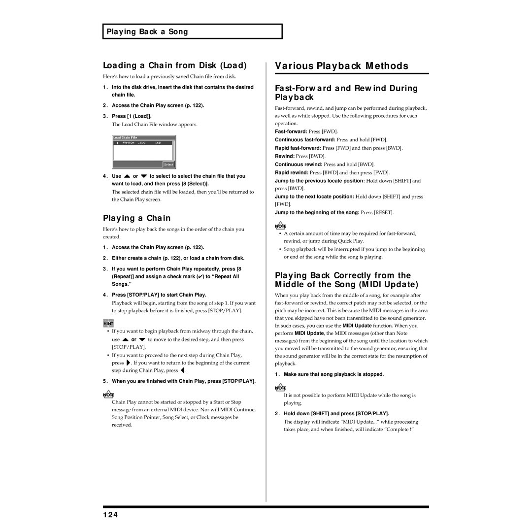 Roland Piano owner manual Various Playback Methods, Loading a Chain from Disk Load, Playing a Chain, 124 