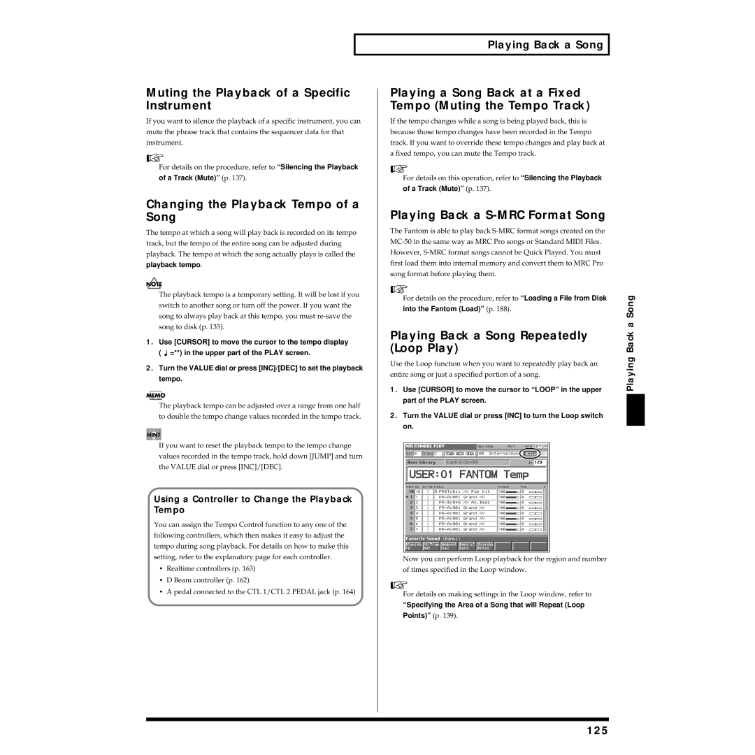 Roland Piano owner manual Muting the Playback of a Specific Instrument, Changing the Playback Tempo of a Song, Loop Play 