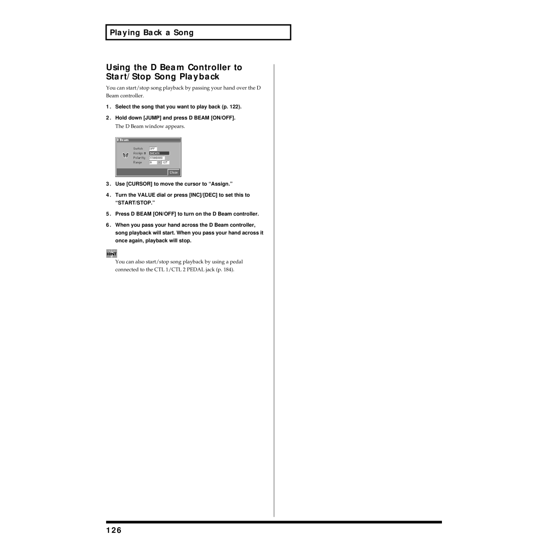 Roland Piano owner manual Using the D Beam Controller to Start/Stop Song Playback, 126, D Beam window appears 