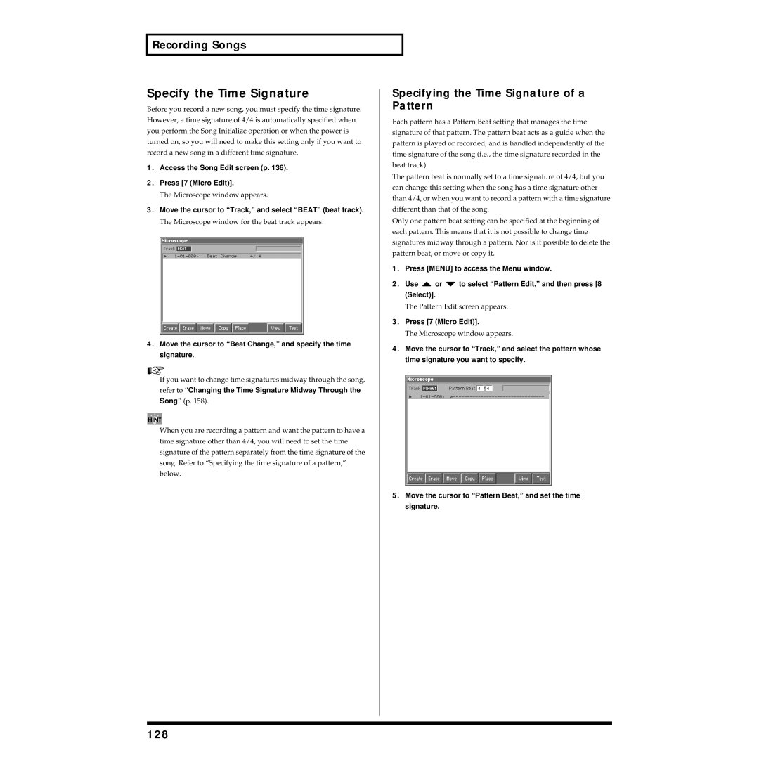 Roland Piano owner manual Specify the Time Signature, Recording Songs, Specifying the Time Signature of a Pattern, 128 