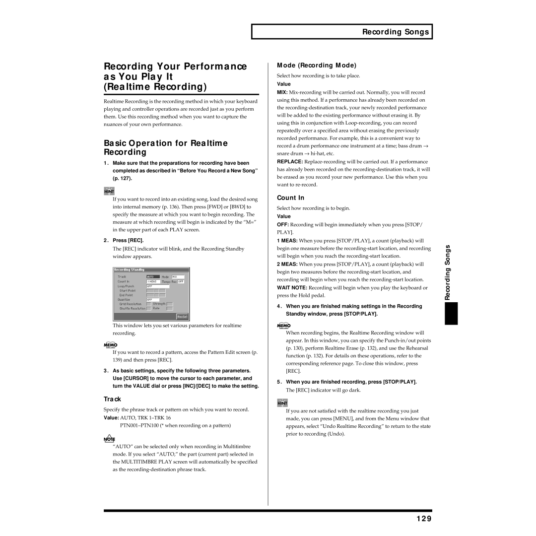 Roland Piano owner manual Basic Operation for Realtime Recording, 129, Track, Mode Recording Mode, Count 