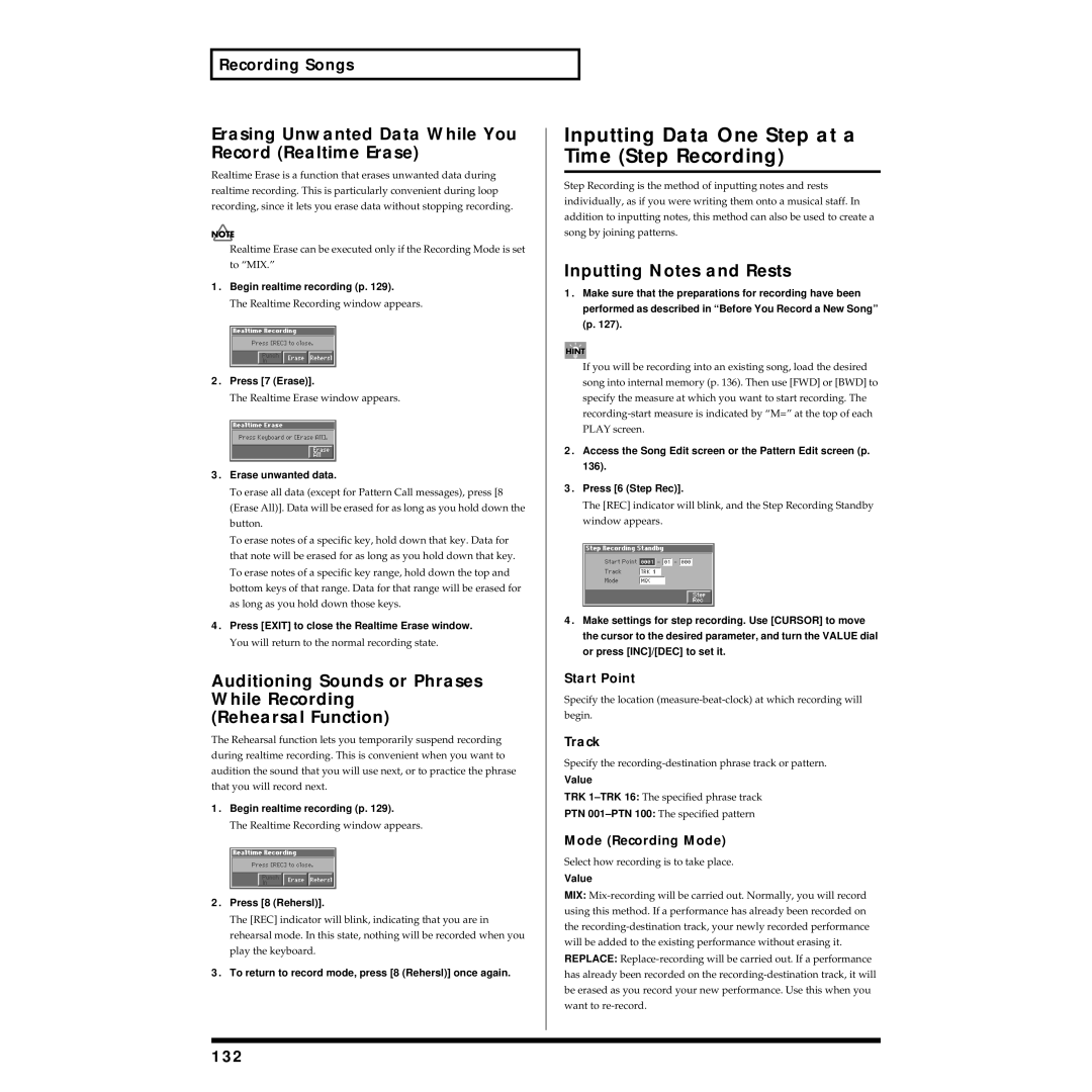 Roland Piano Inputting Data One Step at a Time Step Recording, Erasing Unwanted Data While You Record Realtime Erase, 132 