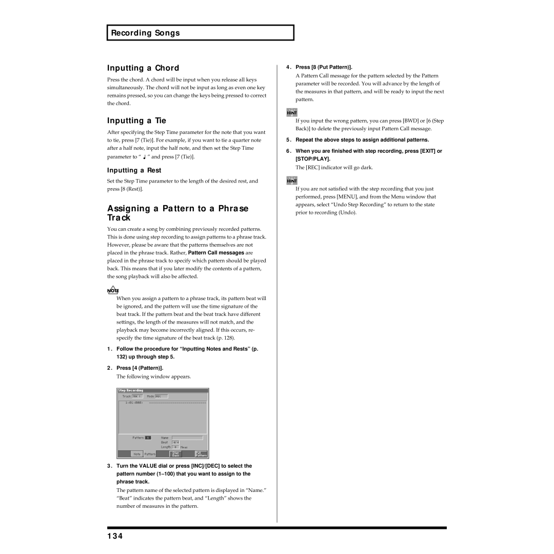 Roland Piano owner manual Assigning a Pattern to a Phrase Track, Recording Songs Inputting a Chord, Inputting a Tie, 134 