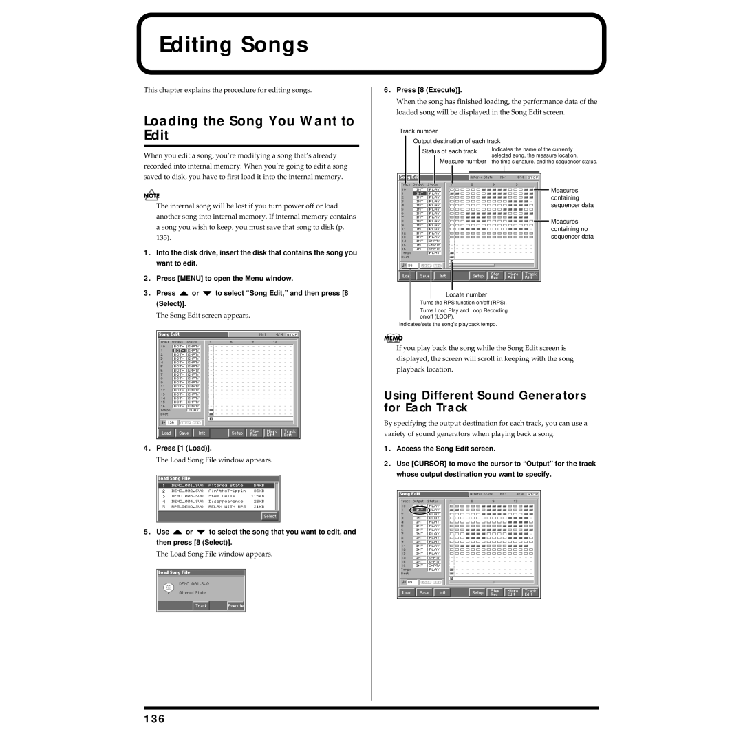 Roland Piano Editing Songs, Loading the Song You Want to Edit, Using Different Sound Generators for Each Track, 136 