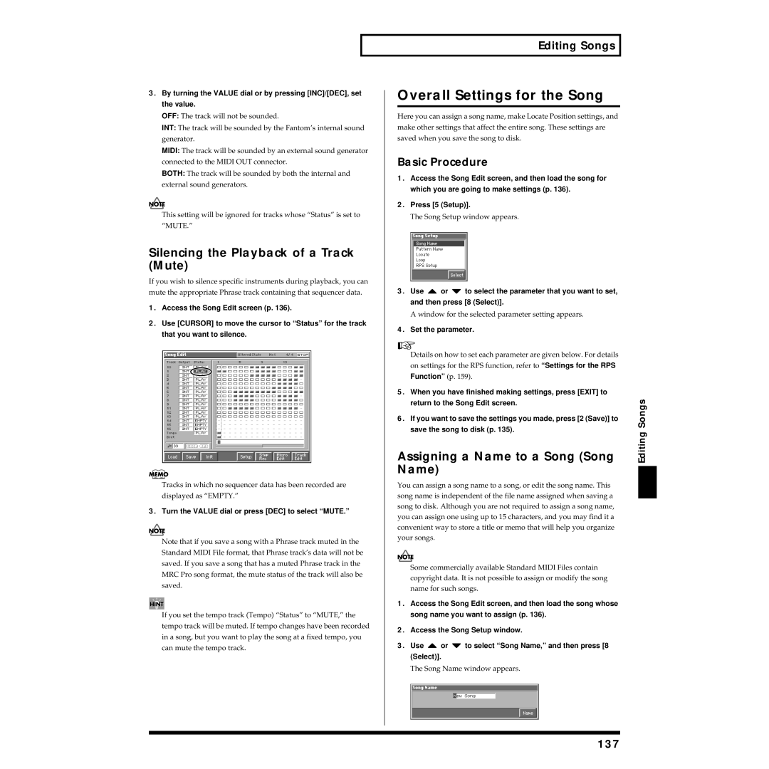 Roland Piano Overall Settings for the Song, Silencing the Playback of a Track Mute, Assigning a Name to a Song Song 