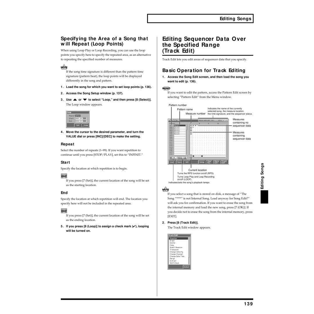 Roland Piano owner manual Editing Sequencer Data Over Specified Range Track Edit, Basic Operation for Track Editing, 139 