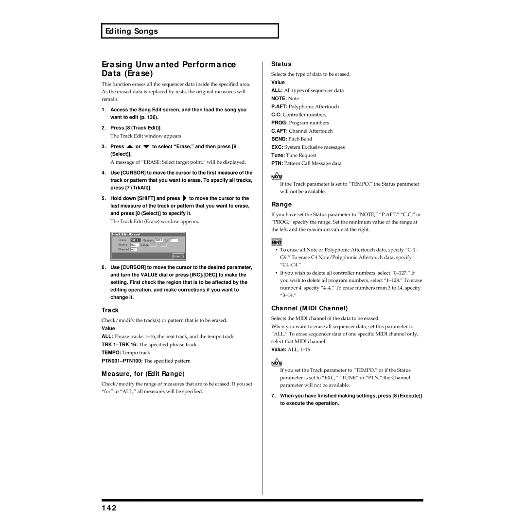 Roland Piano Erasing Unwanted Performance Data Erase, 142, Status, Press or to select Erase, and then press 8 Select 