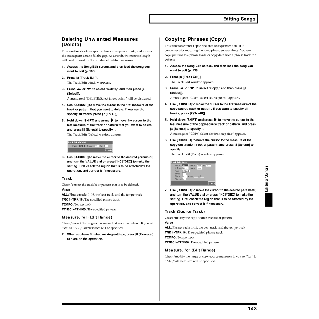 Roland Piano owner manual Deleting Unwanted Measures Delete, Copying Phrases Copy, 143, Track Source Track 