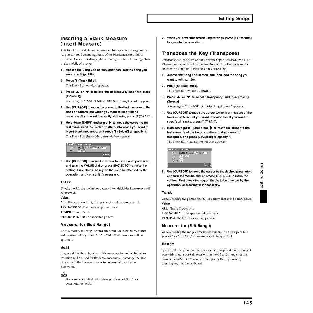 Roland Piano owner manual Inserting a Blank Measure Insert Measure, Transpose the Key Transpose, 145, Beat 