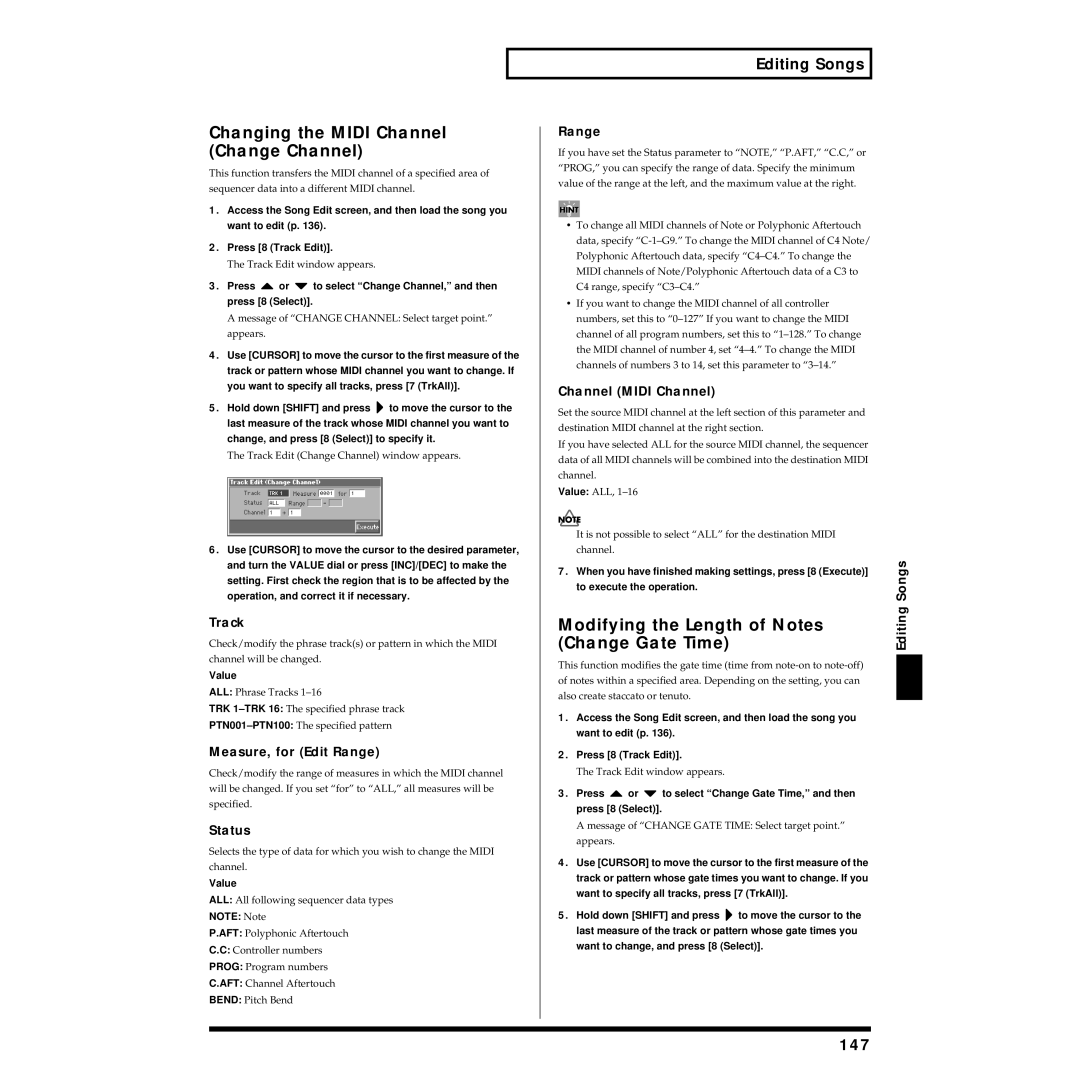 Roland Piano owner manual Changing the Midi Channel Change Channel, Change Gate Time, Modifying the Length of Notes, 147 