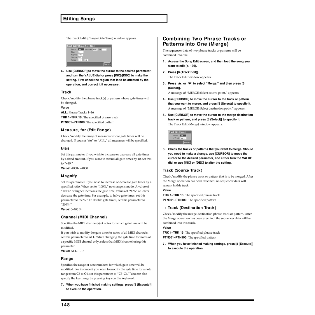 Roland Piano owner manual Combining Two Phrase Tracks or Patterns into One Merge, 148 