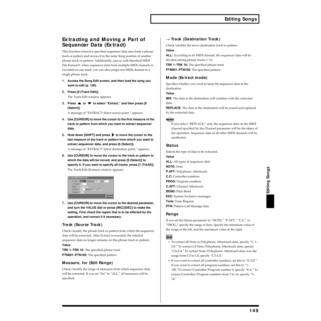 Roland Piano owner manual Extracting and Moving a Part of Sequencer Data Extract, 149, Mode Extract mode, Editing Songs 