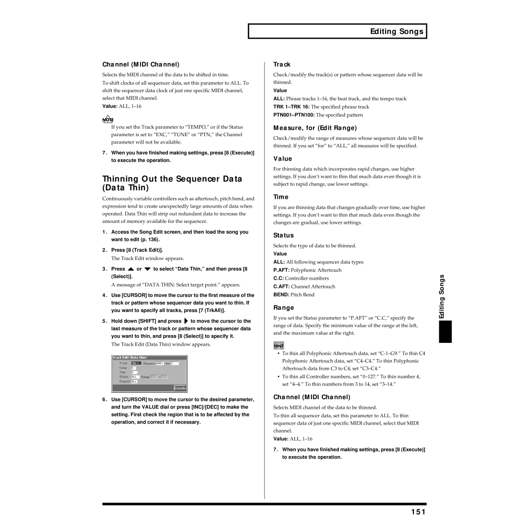 Roland Piano owner manual Thinning Out the Sequencer Data Data Thin, 151, Value, Time 