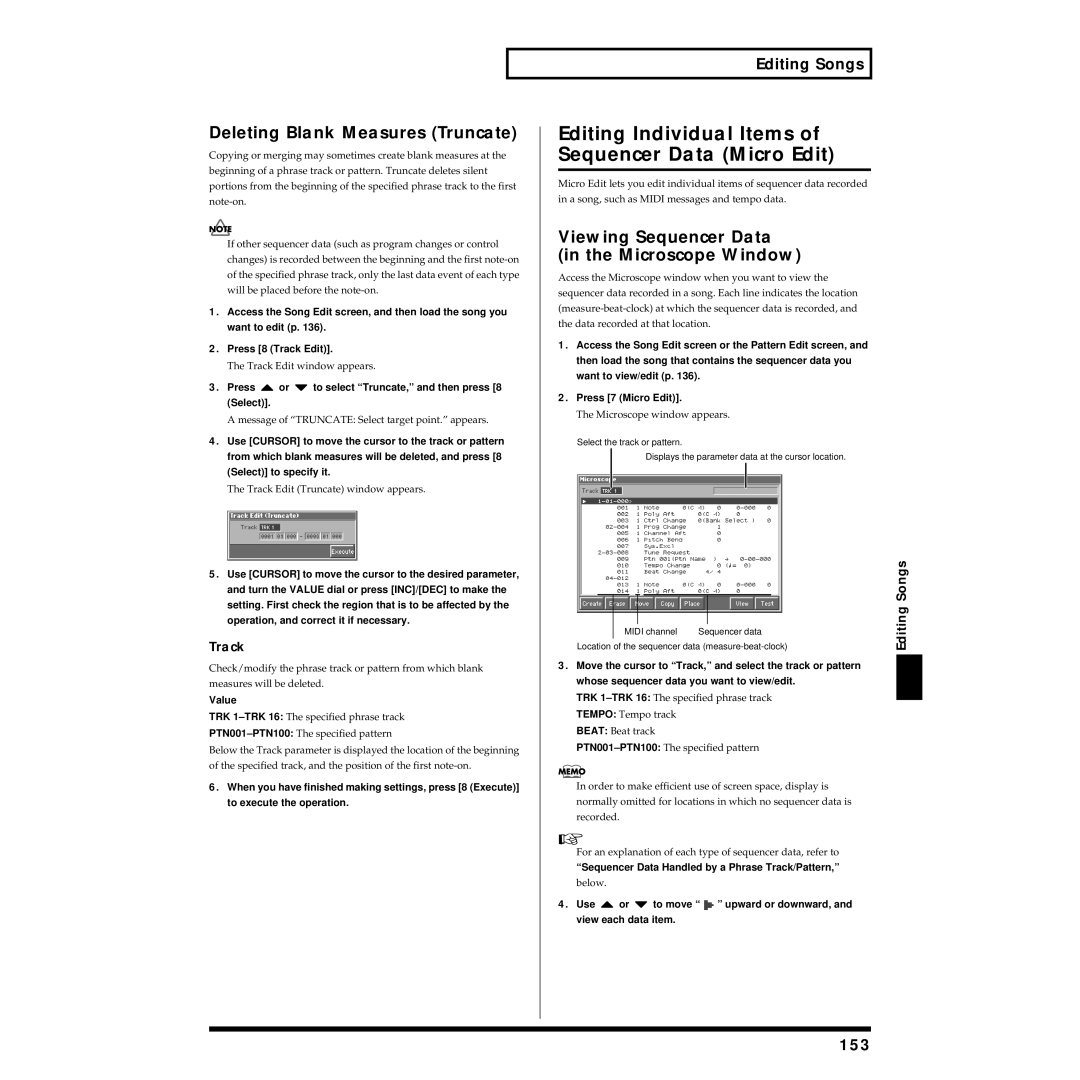 Roland Piano owner manual Editing Individual Items of Sequencer Data Micro Edit, Deleting Blank Measures Truncate, 153 