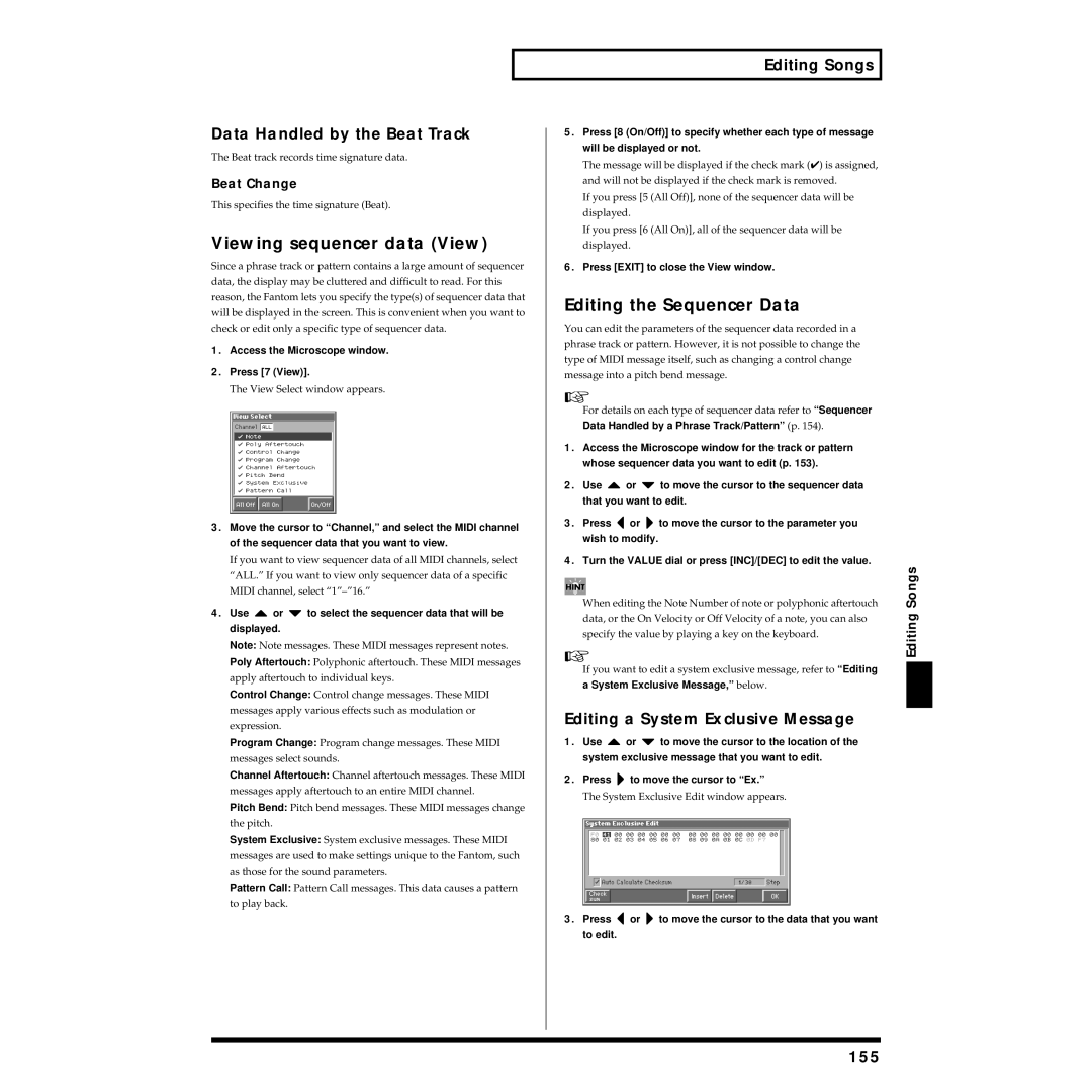 Roland Piano owner manual Viewing sequencer data View, Editing the Sequencer Data, Data Handled by the Beat Track, 155 