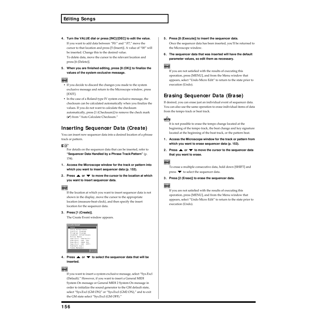 Roland Piano owner manual Inserting Sequencer Data Create, Erasing Sequencer Data Erase, 156 