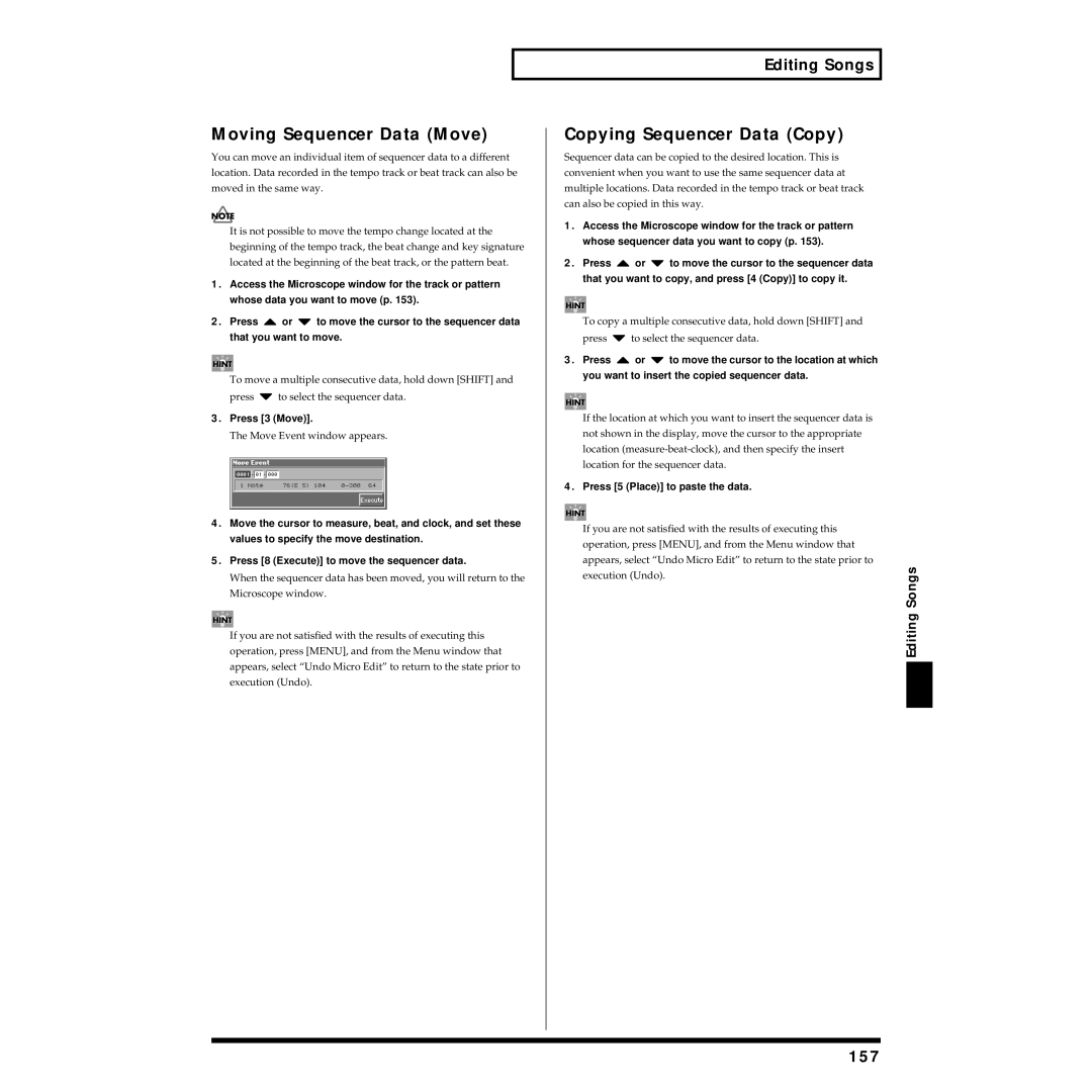 Roland Piano owner manual Moving Sequencer Data Move, Copying Sequencer Data Copy, 157 