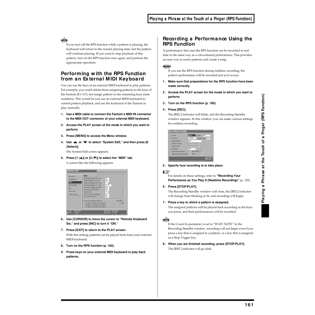 Roland Piano owner manual Recording a Performance Using the RPS Function, 161, Screen like the following appears 