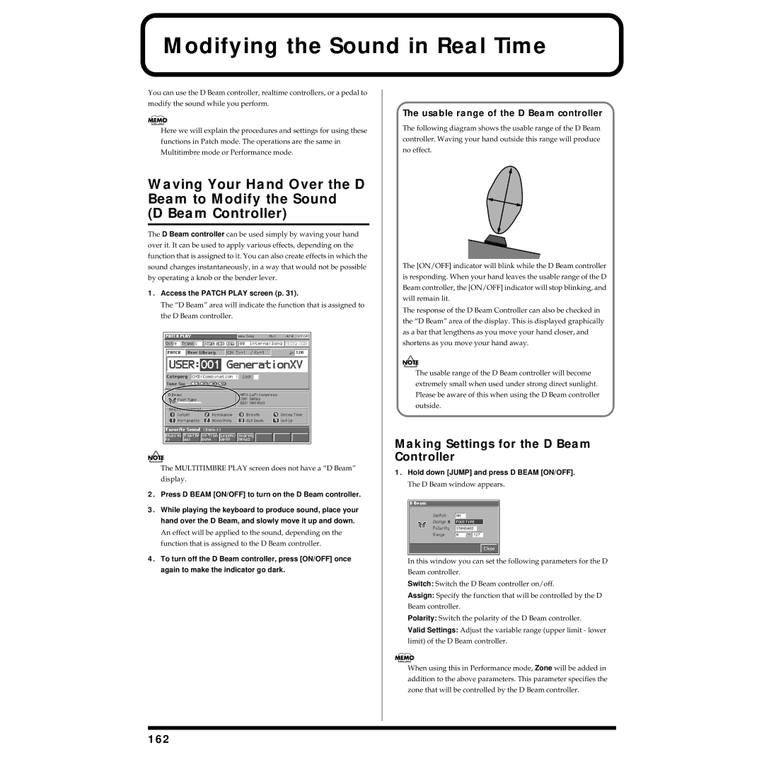 Roland Piano owner manual Modifying the Sound in Real Time, Making Settings for the D Beam Controller, 162 