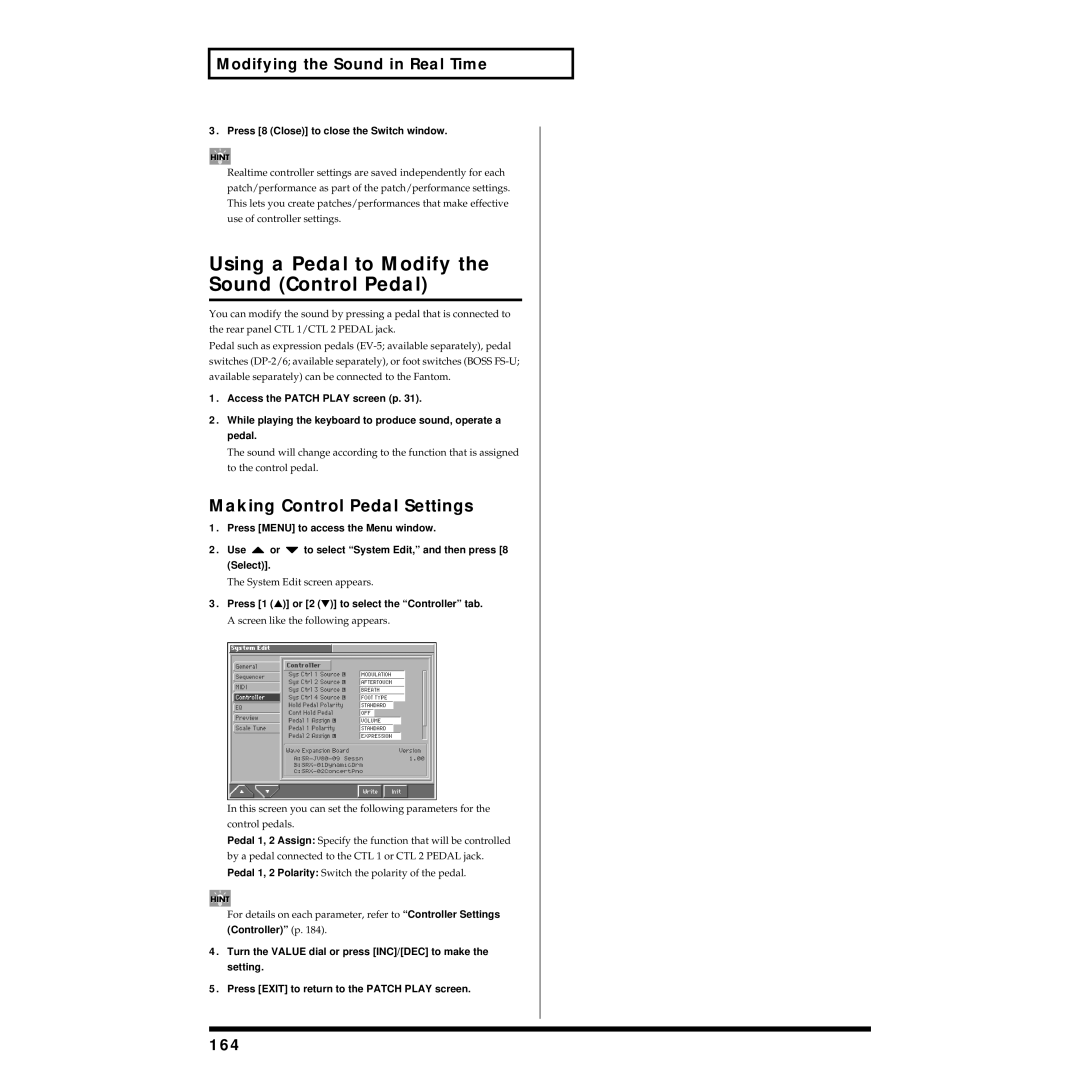 Roland Piano owner manual Using a Pedal to Modify the Sound Control Pedal, Making Control Pedal Settings, 164 