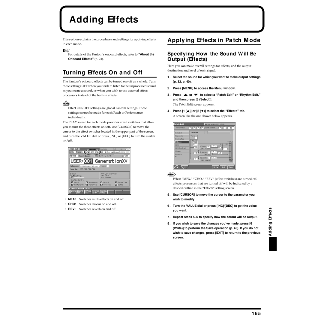 Roland Piano owner manual Adding Effects, Turning Effects On and Off, Applying Effects in Patch Mode, 165 