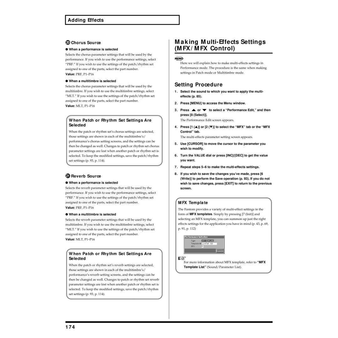 Roland Piano owner manual Making Multi-Effects Settings MFX/MFX Control, Setting Procedure, 174 