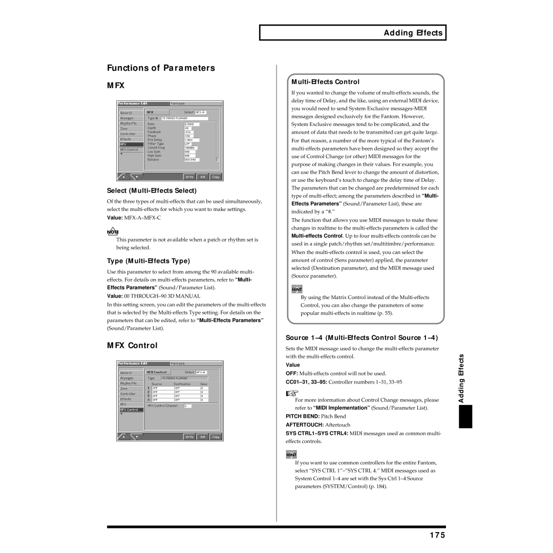 Roland Piano owner manual Functions of Parameters, MFX Control Adding Effects, 175 